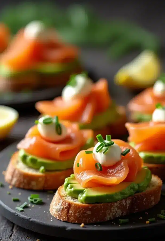 Tartines au saumon, avocat et crème.