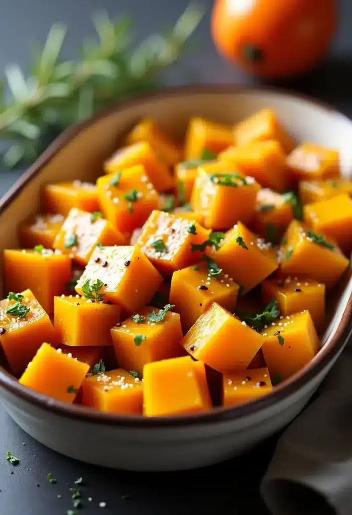 Cubes de courge rôtie avec herbes fraîches.