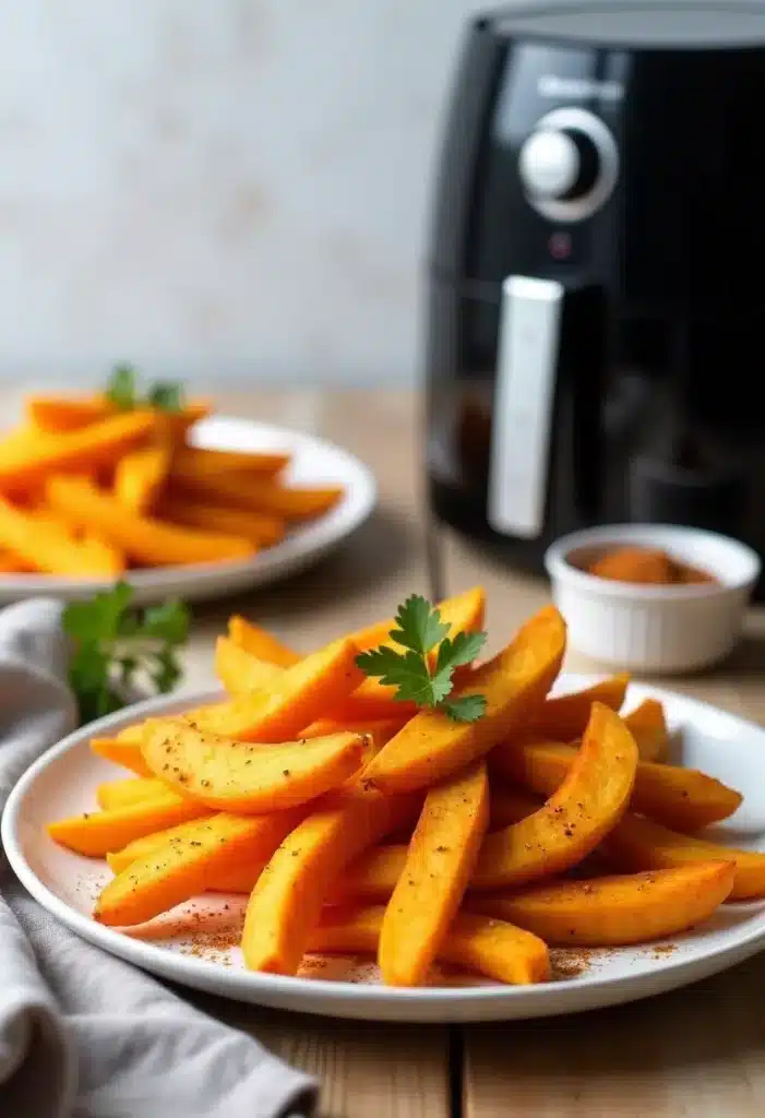 Frites de patate douce et friteuse à air.