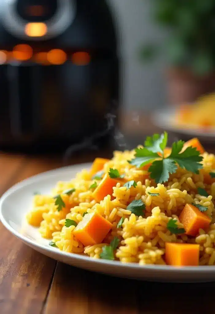 Assiette de riz safrané avec potiron, cuiseur en arrière-plan.