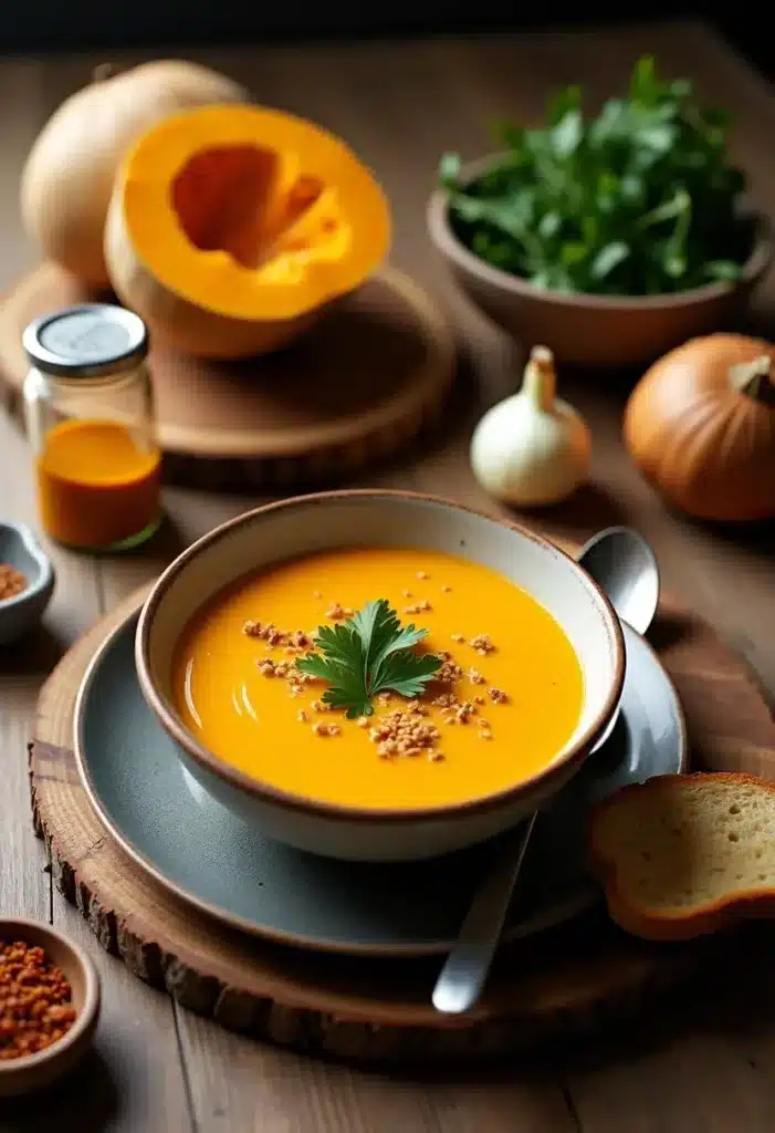 Soupe au potiron garnie de persil et croûtons.