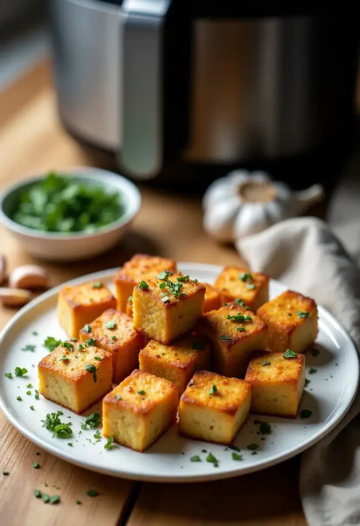Cubes de polenta dorée sur assiette, garnis d'herbes.
