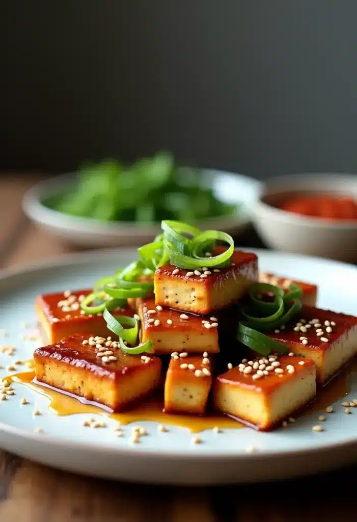 Tofu grillé avec sauce soja et graines de sésame.