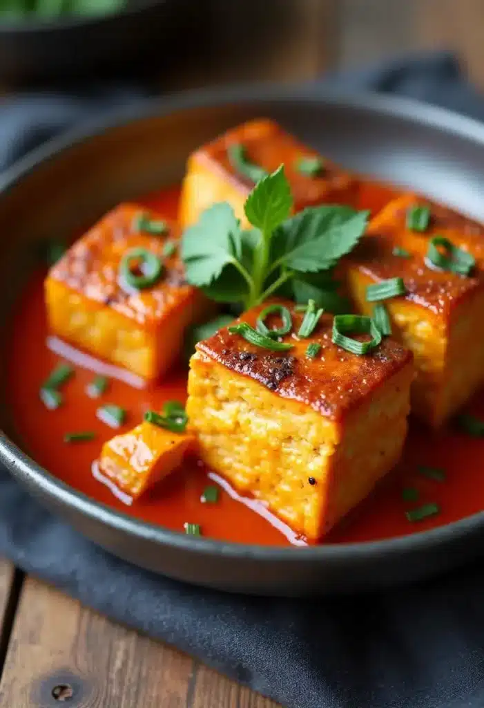 Tofu épicé avec ciboulette et sauce rouge.