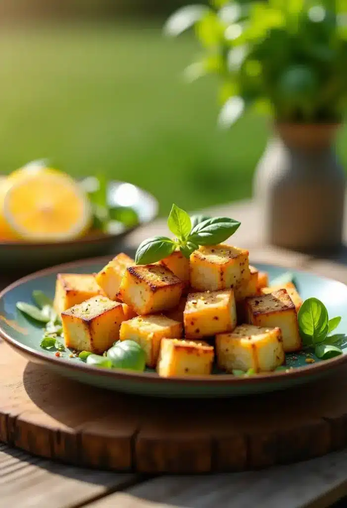Dés délicieux cubes grillés avec citron et basilic.