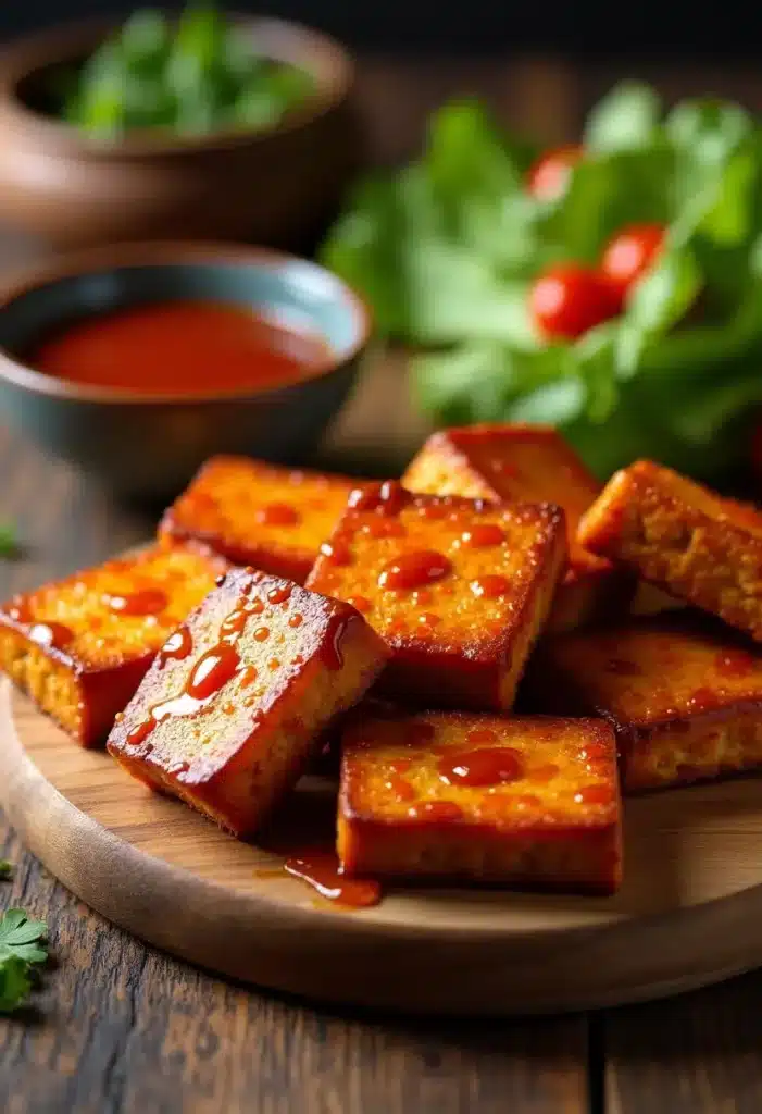 Tofu grillé avec sauce épicée sur planche.