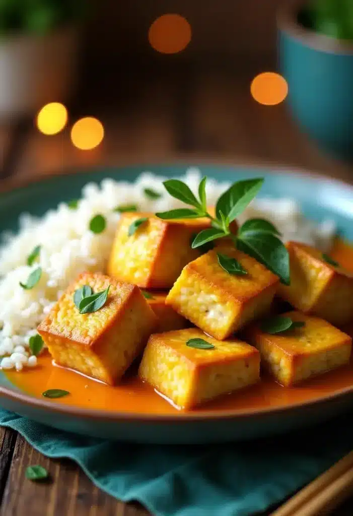 Tofu et riz avec sauce et herbes.