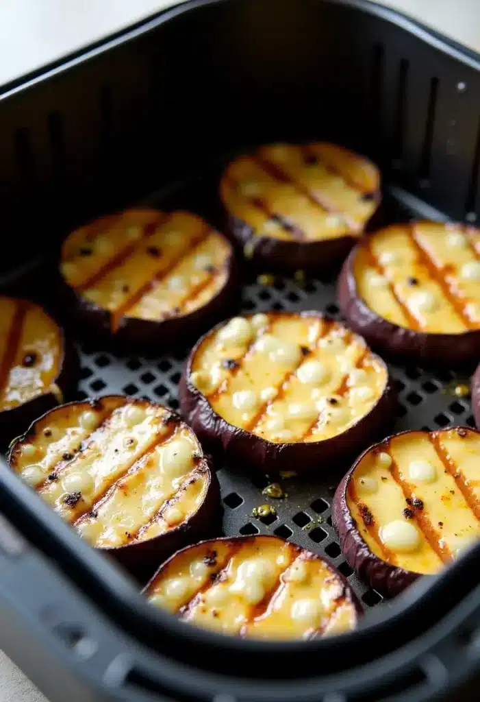 Tranches d'aubergine grillées dans une friteuse à air.