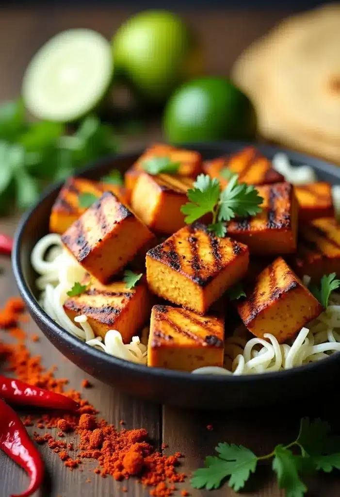 Tofu grillé sur nouilles avec piment et coriandre