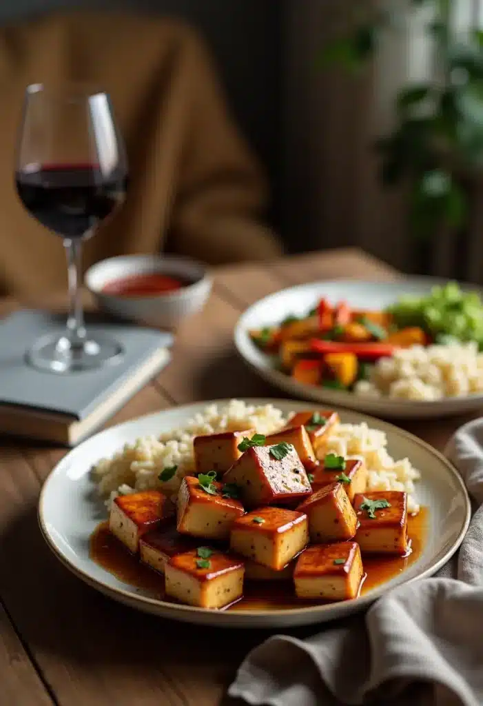 Assiette de tofu et riz avec verre de vin.