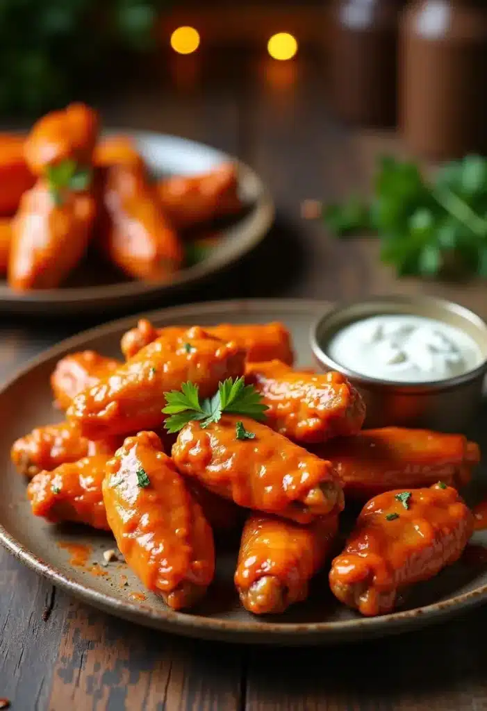Ailes de poulet épicées avec sauce blanche.