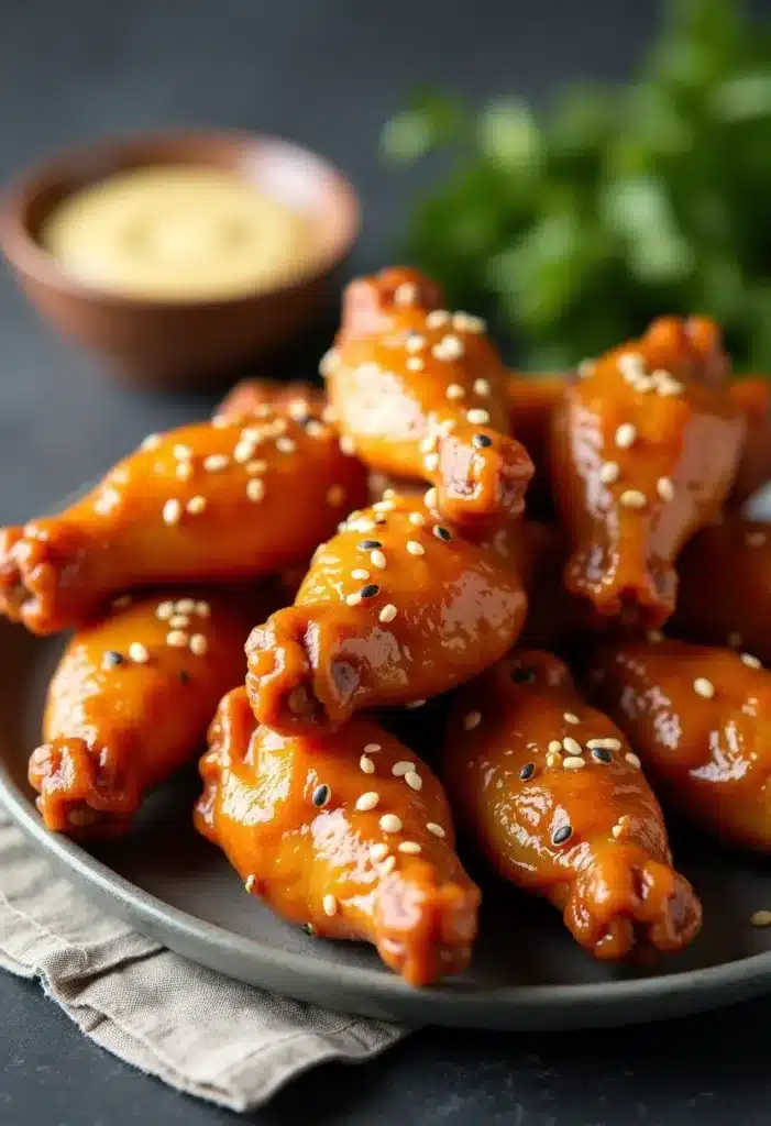 Ailes de poulet sauce sésame, avec sauce moutarde.