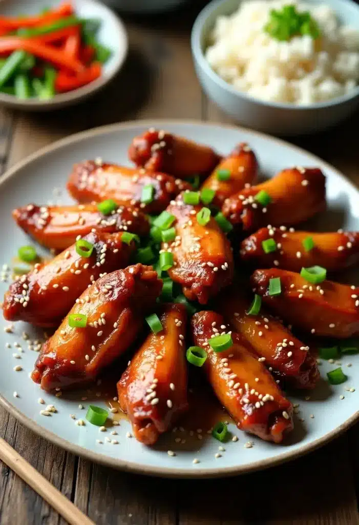 Ailes de poulet glacées avec oignons et sésame.
