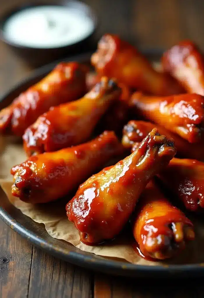 Ailes de poulet sauce barbecue sur assiette.