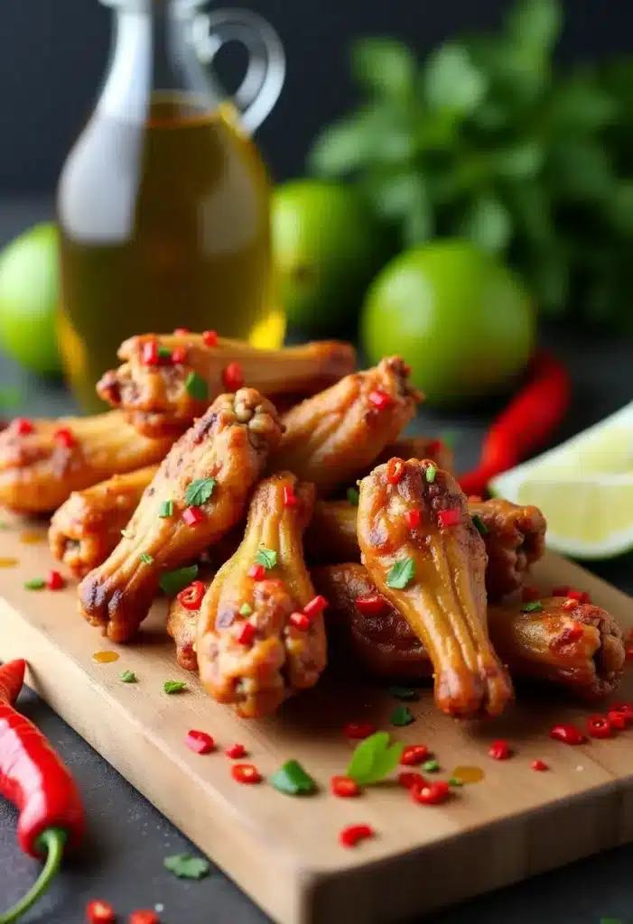 Ailes de poulet épicées sur planche en bois.