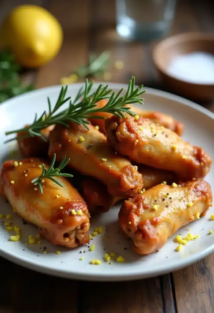 Ailes de poulet dorées sur assiette avec romarin.