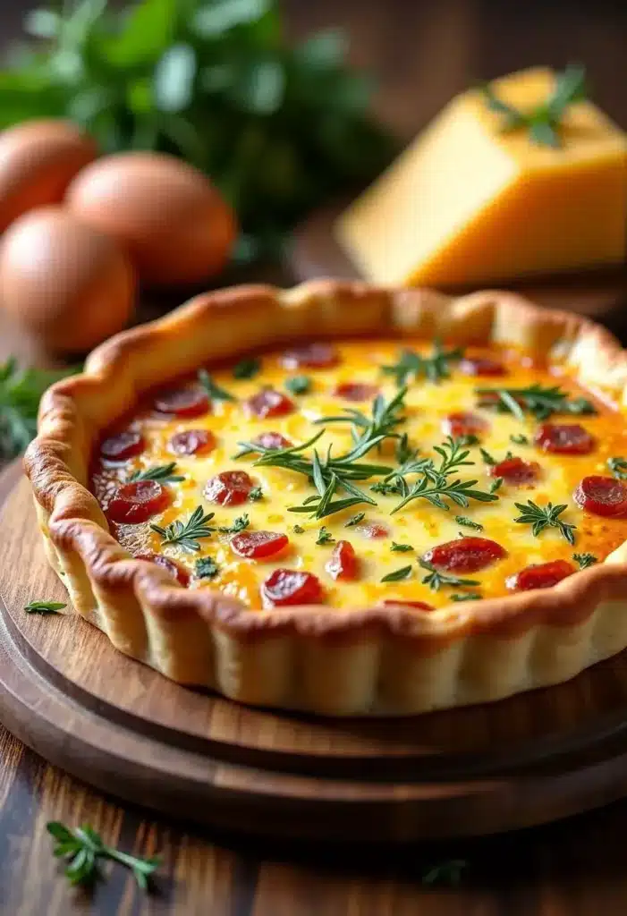Quiche garnie de tomates et herbes fraîches.