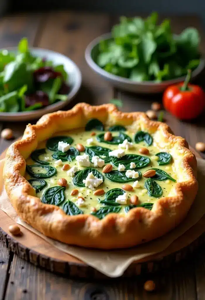 Tarte aux épinards, chèvre, pignons sur table en bois.