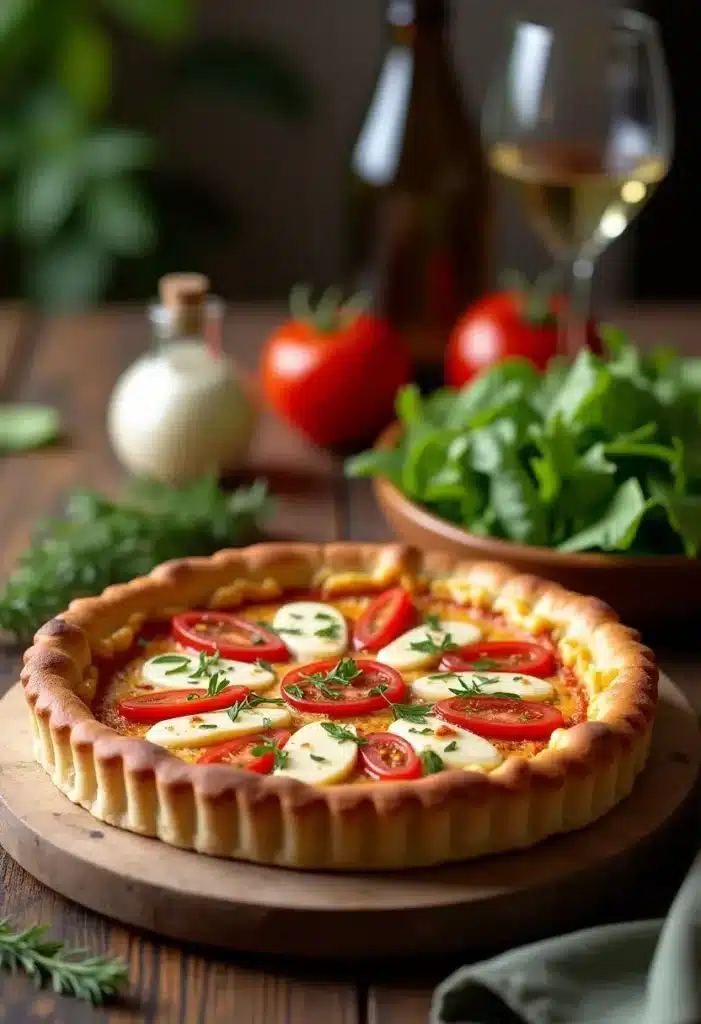 Tarte aux tomates et fromage avec roquette.