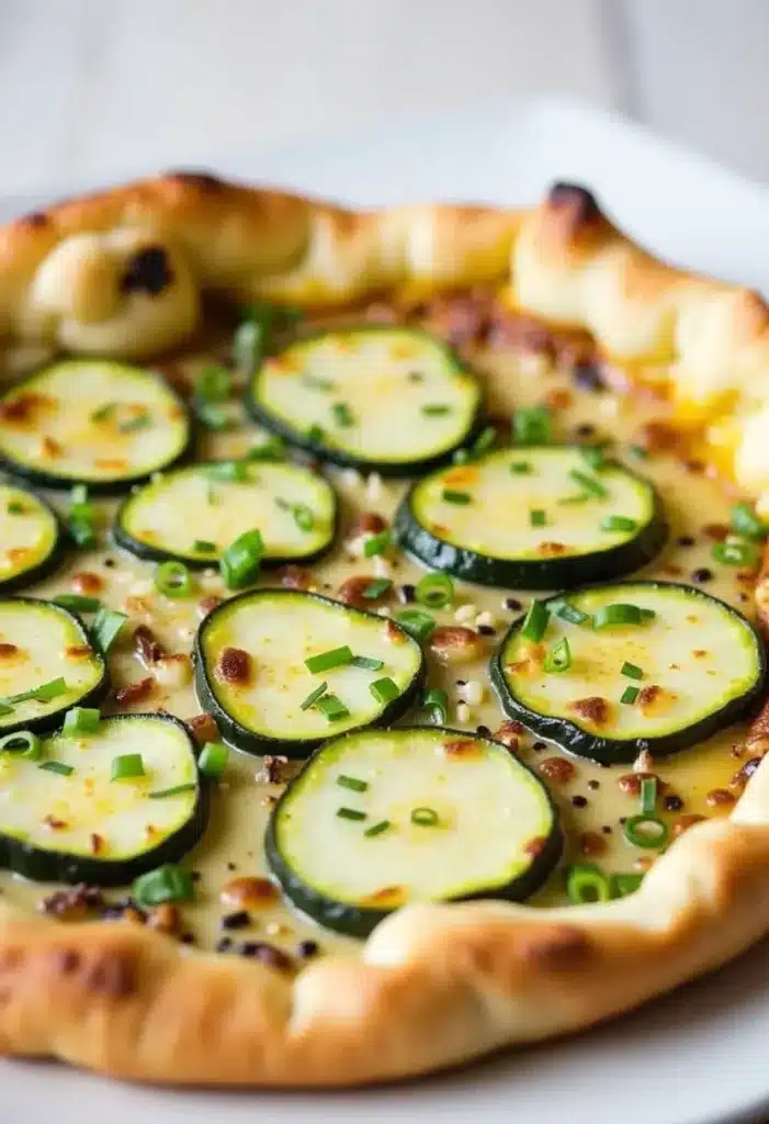 Pizza courgette aux oignons verts et fromage gratiné.