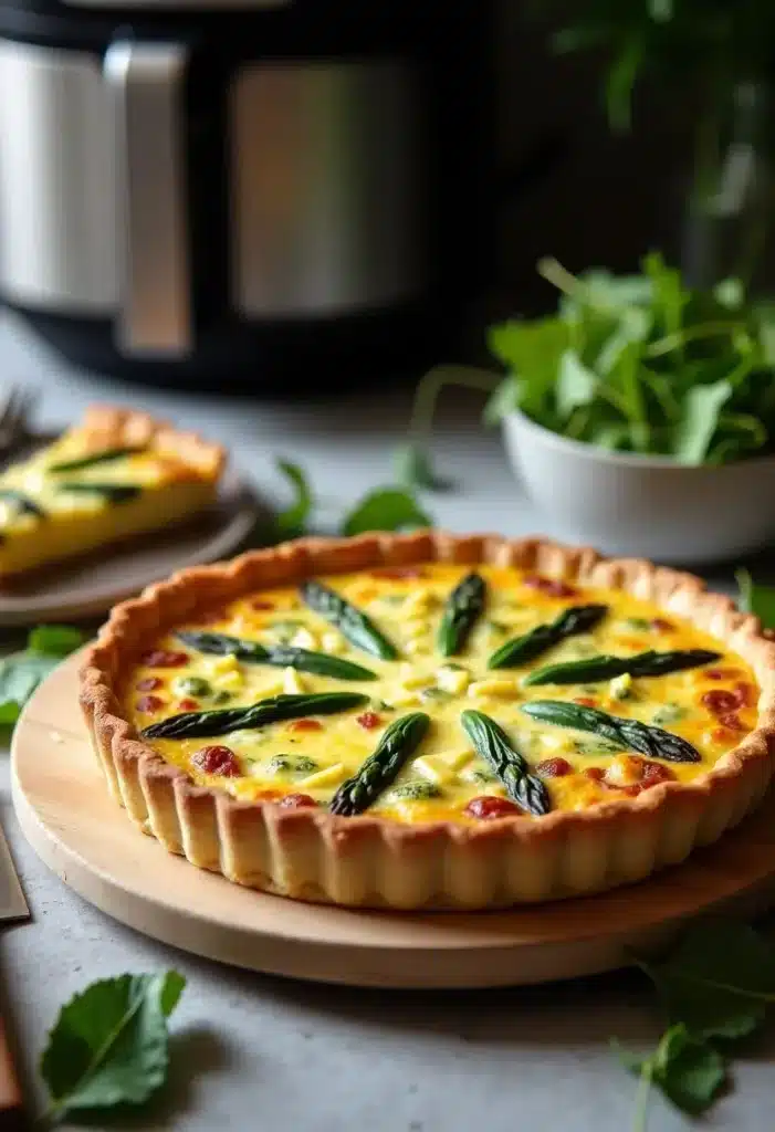 Quiche aux asperges sur table avec salade verte.