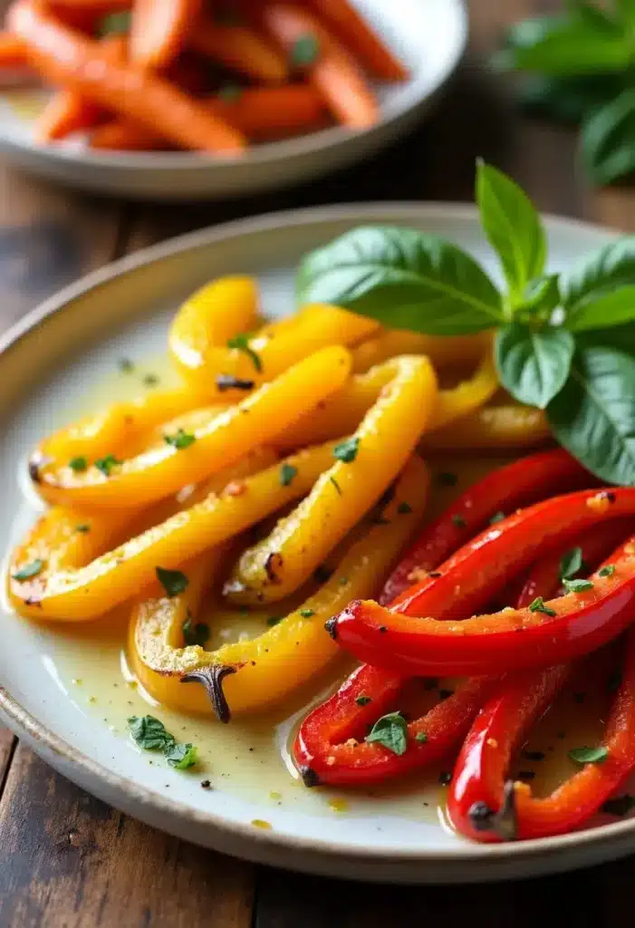 Assiette de poivrons grillés colorés avec herbes fraîches.