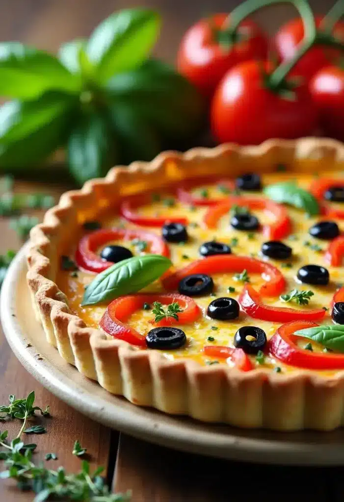 Tarte aux légumes et olives colorée.
