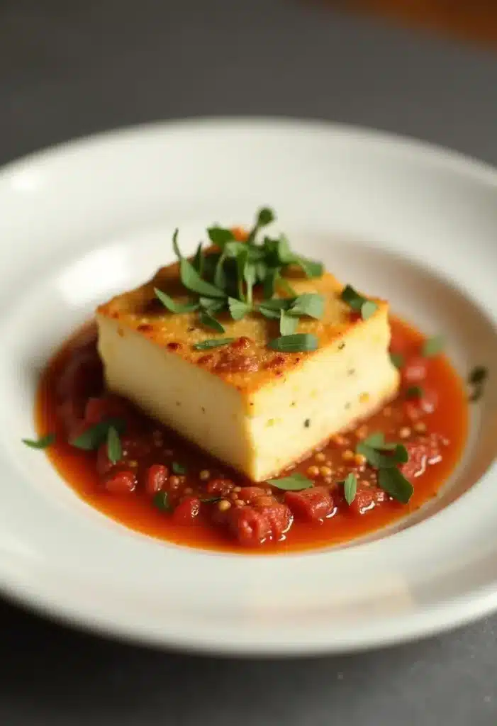 Polenta grillée sur coulis de tomates fraîches.