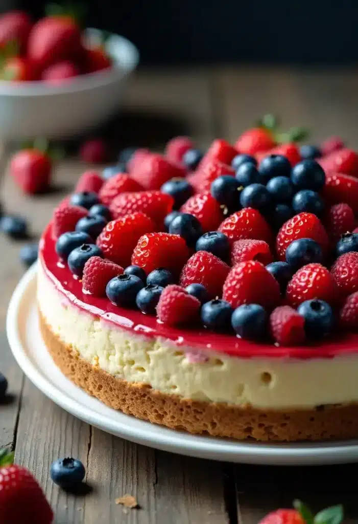 Cheesecake aux fruits rouges et bleuets frais.