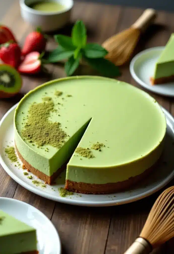 Cheesecake matcha avec fraises et kiwis.