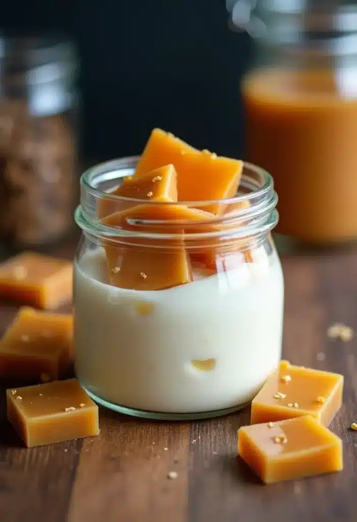 Caramel au lait dans un bocal en verre.