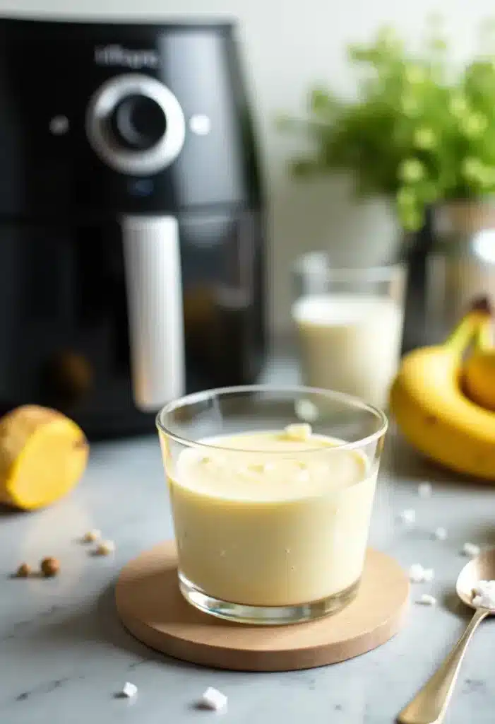 Smoothie banane devant friteuse à air.