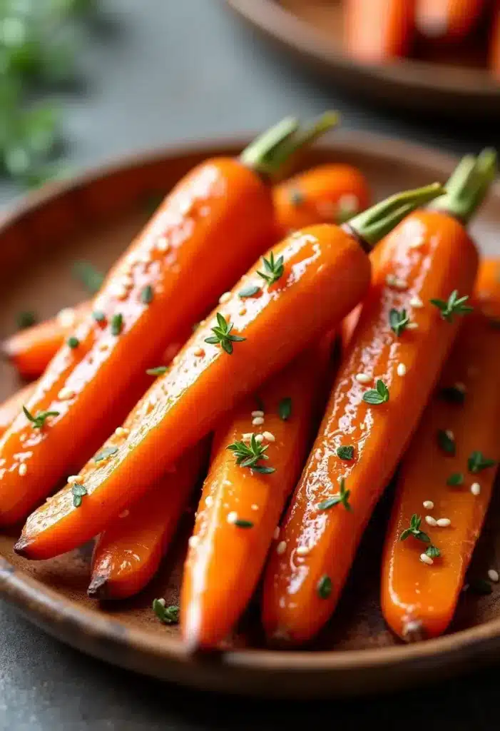 Carottes glacées avec graines et herbes fraîchement servies.