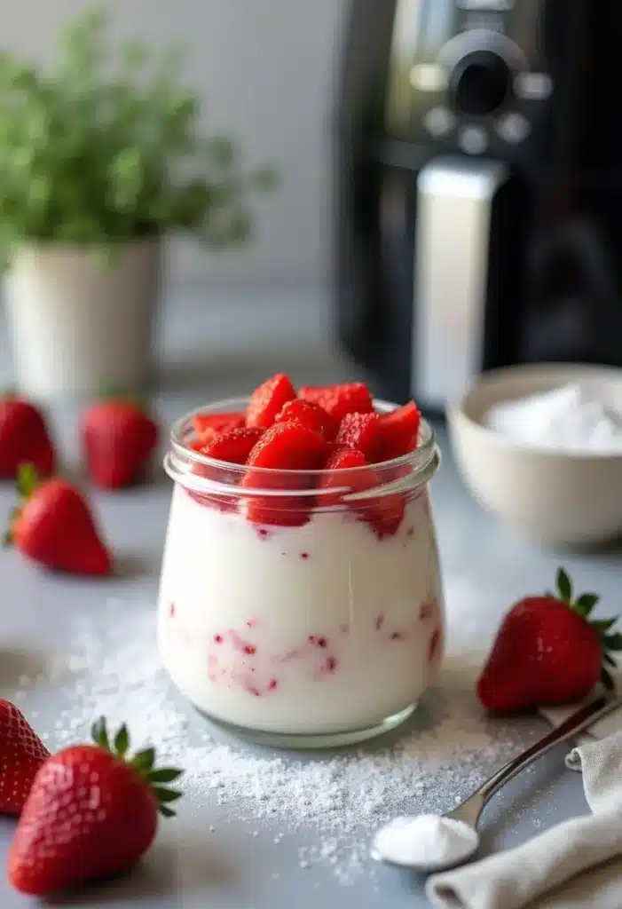 Yaourt aux fraises frais sur table.