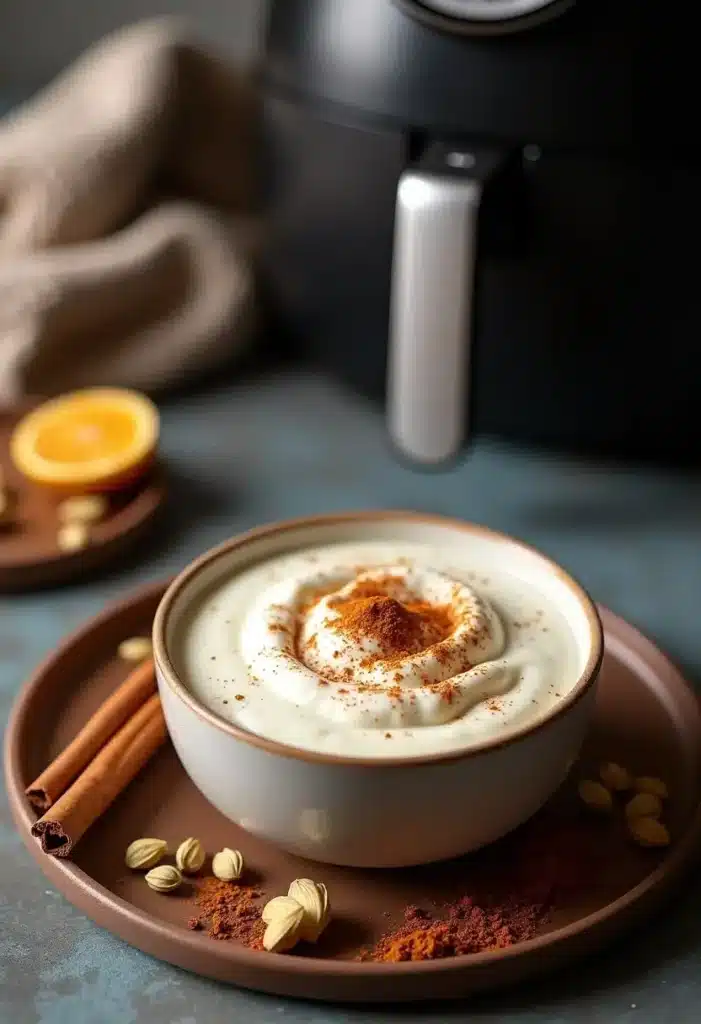Bol de yaourt épicé à la cannelle et cardamome.