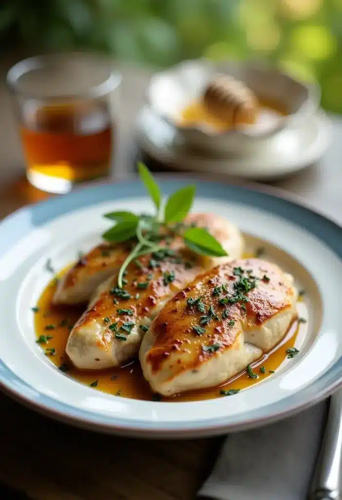 Poulet glacé au miel et herbes fraîches.