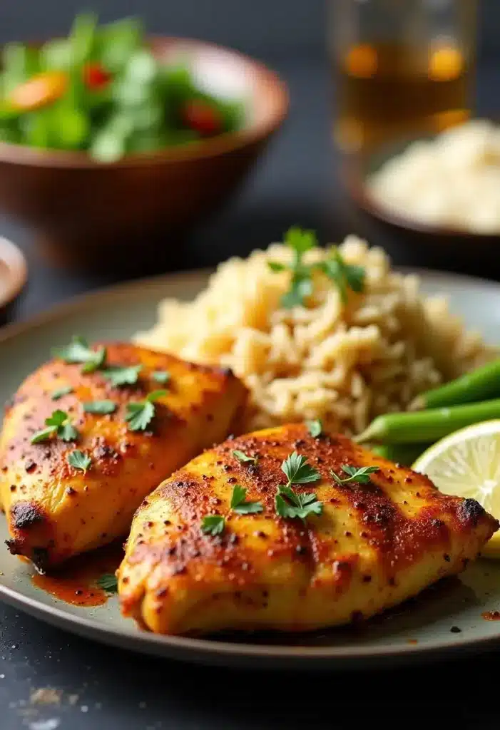 Poulet grillé avec riz et salade verte.