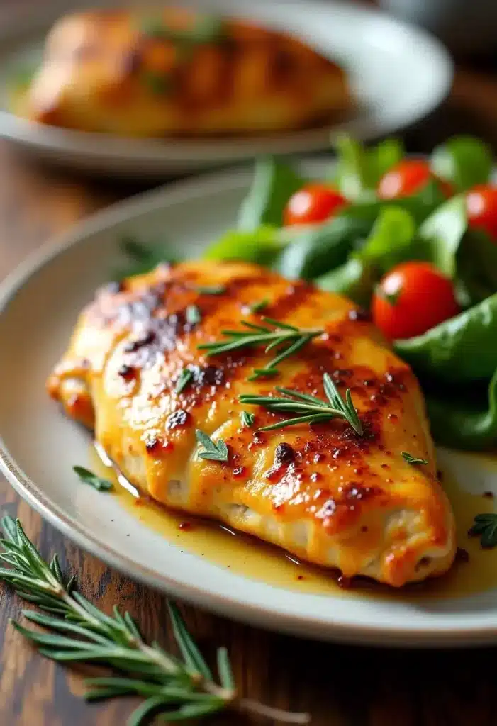 Poulet grillé avec salade verte et tomates cerises.