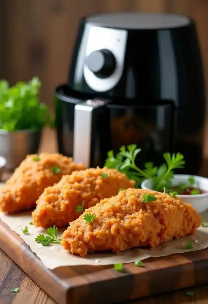 Poulet frit croustillant devant une friteuse à air