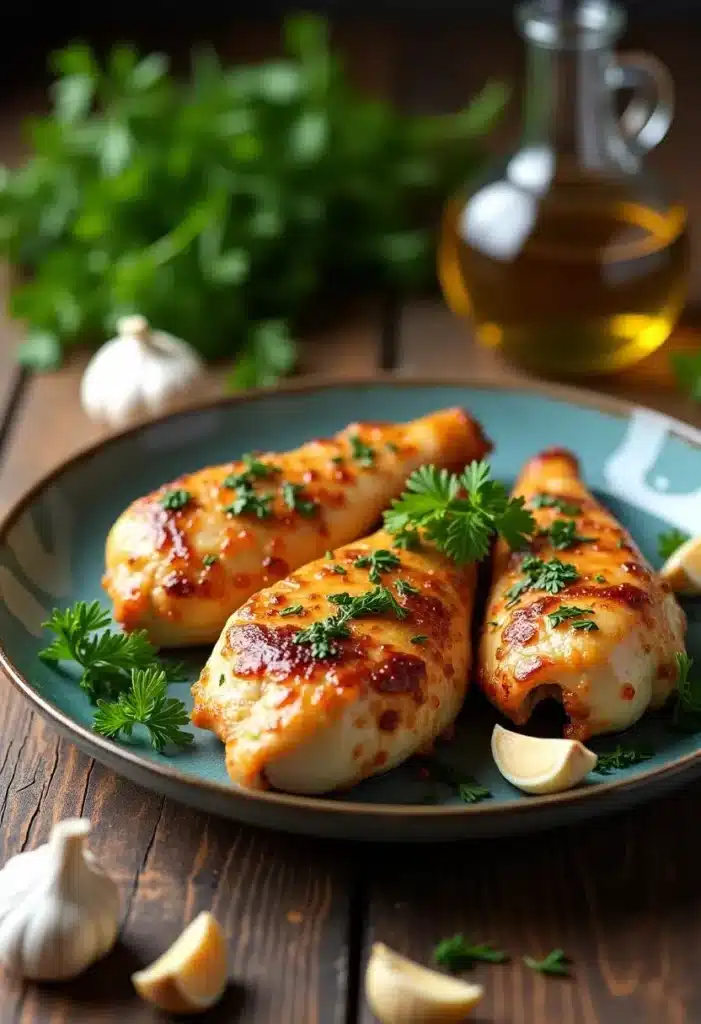 Poulet grillé avec persil sur assiette verte.