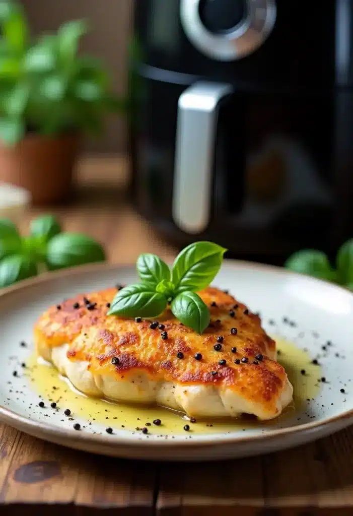 Poulet au fromage et poivre près d'airfryer.