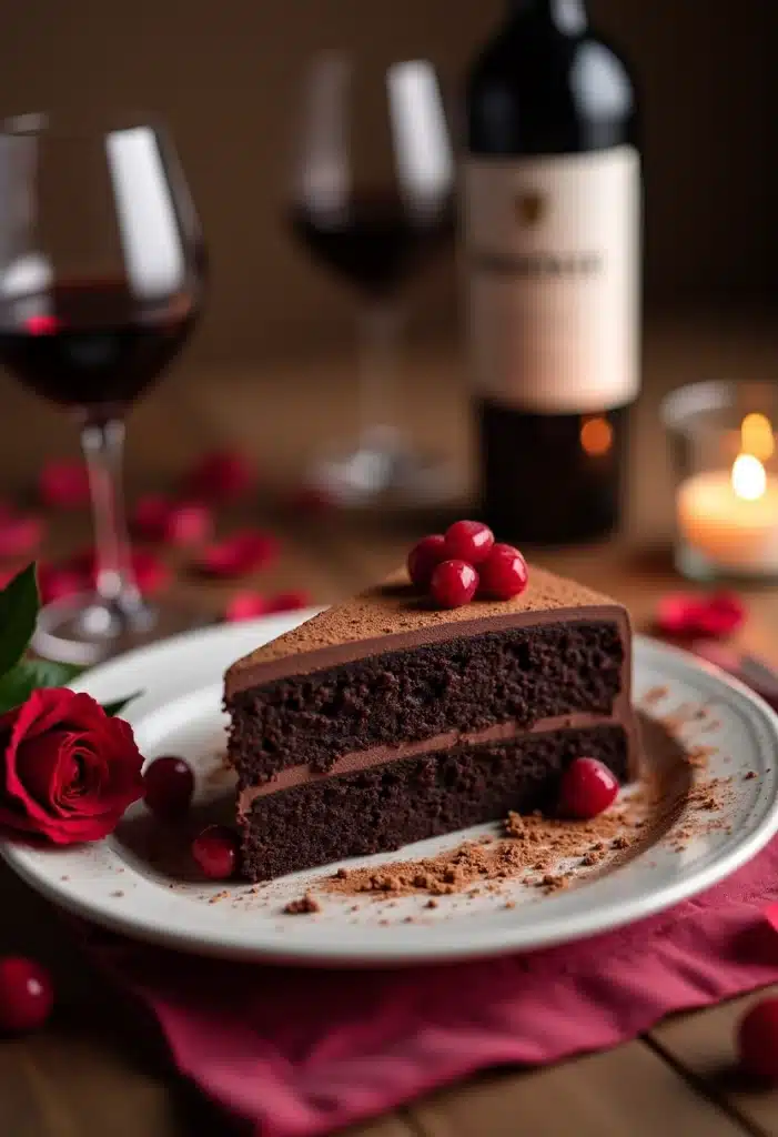 Gâteau chocolat et cerises, vin rouge derrière.