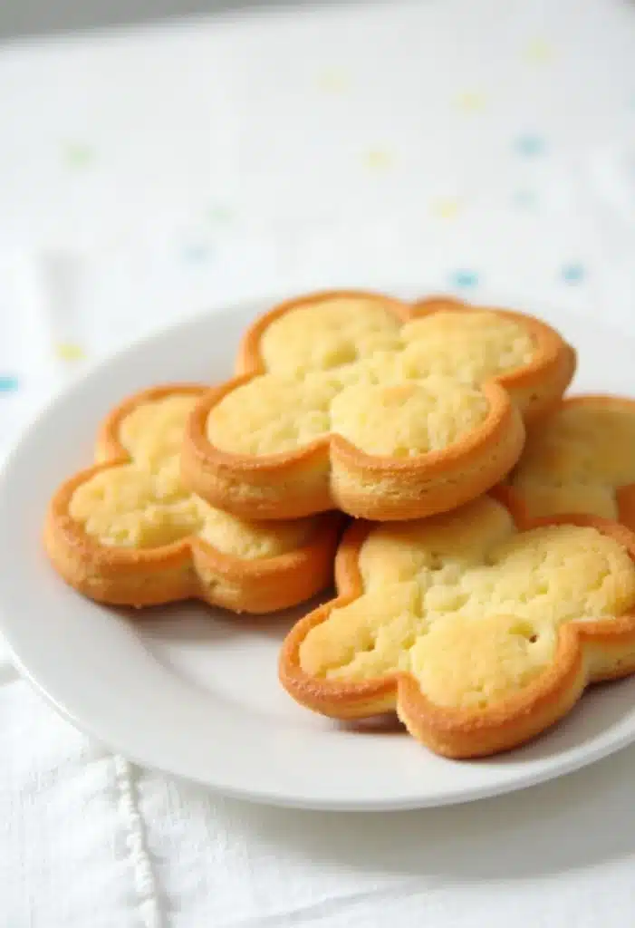 Biscuits en forme de fleur sur une assiette blanche.