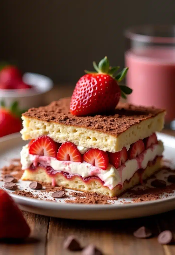 Gâteau aux fraises et crème, décoré de cacao.