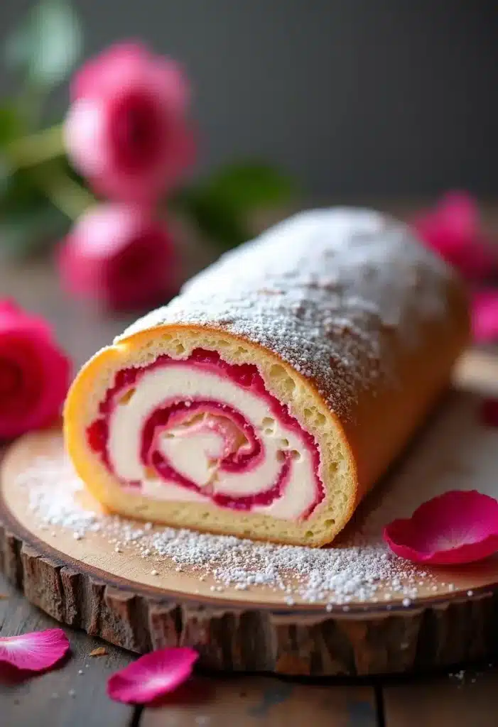 Gâteau roulé framboise et crème, décoré de pétales.