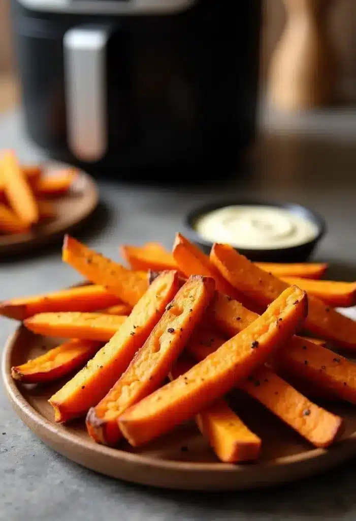Frites de patate douce croquantes avec sauce dip.