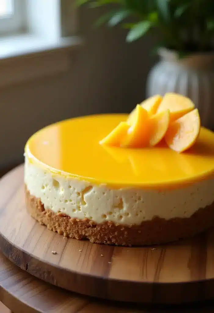 Gâteau mousse au citron sur planche en bois.