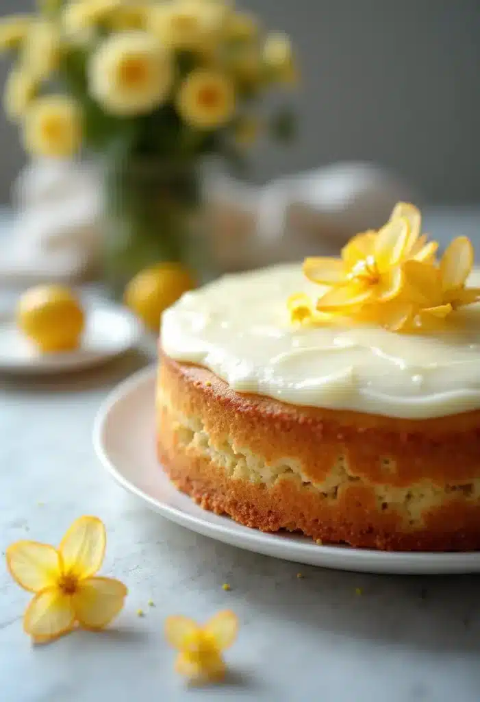 Gâteau citron avec glaçage et fleurs jaunes.