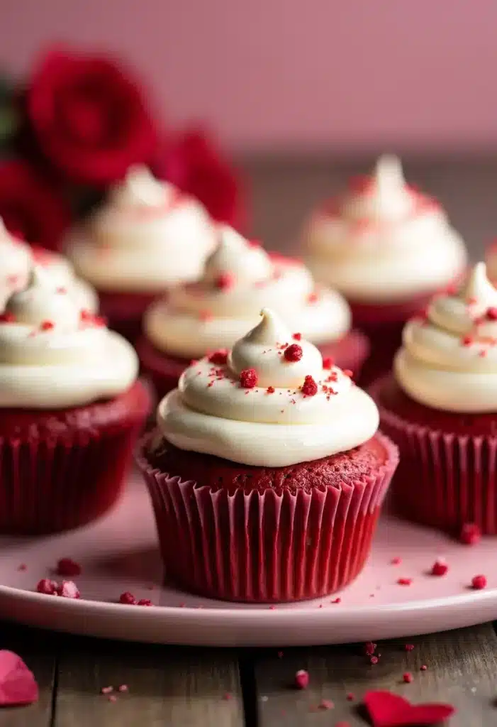 Cupcakes rouges avec glaçage blanc et roses