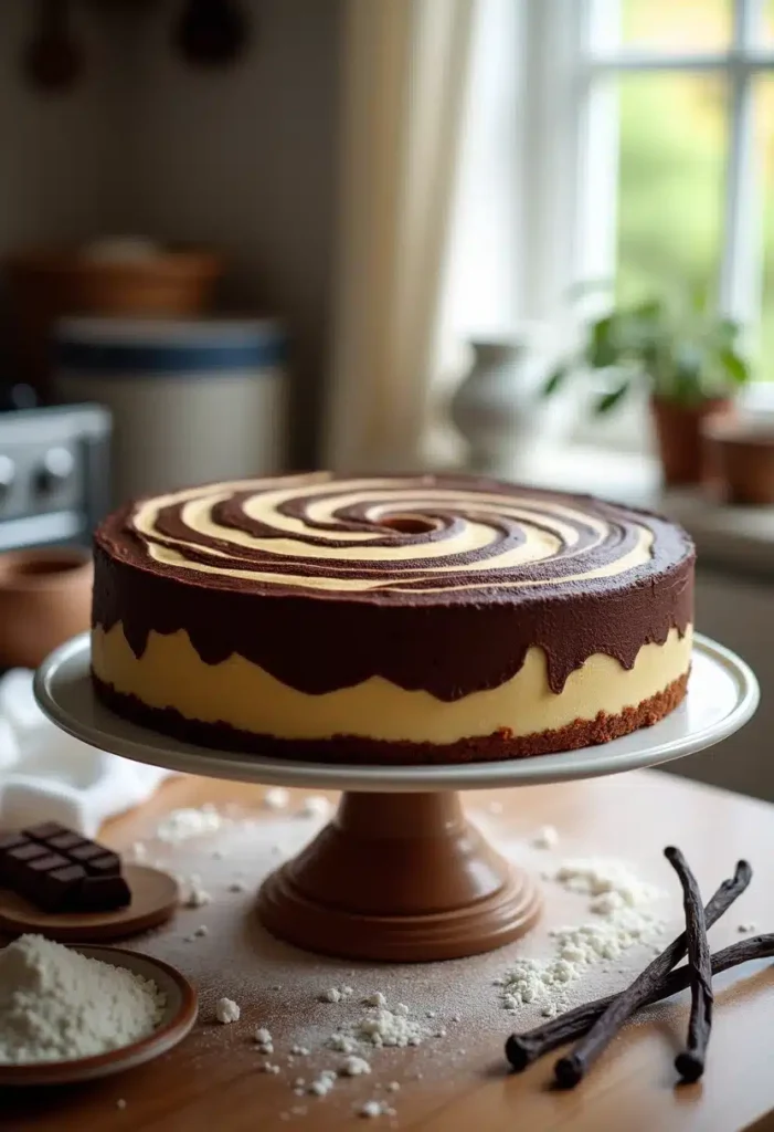 Gâteau marbré chocolat vanille sur table en bois.